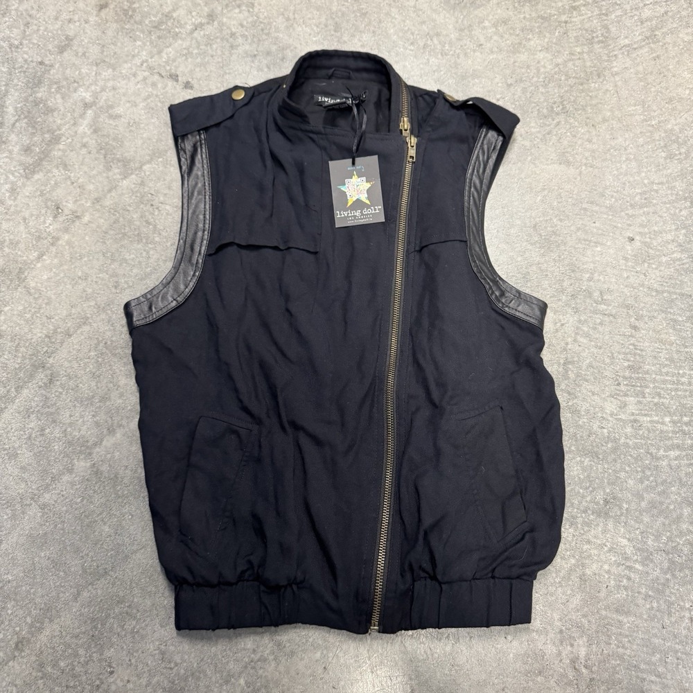 Living Doll Women's Small Black Utility Moto Vest Faux Leather Trim NWT